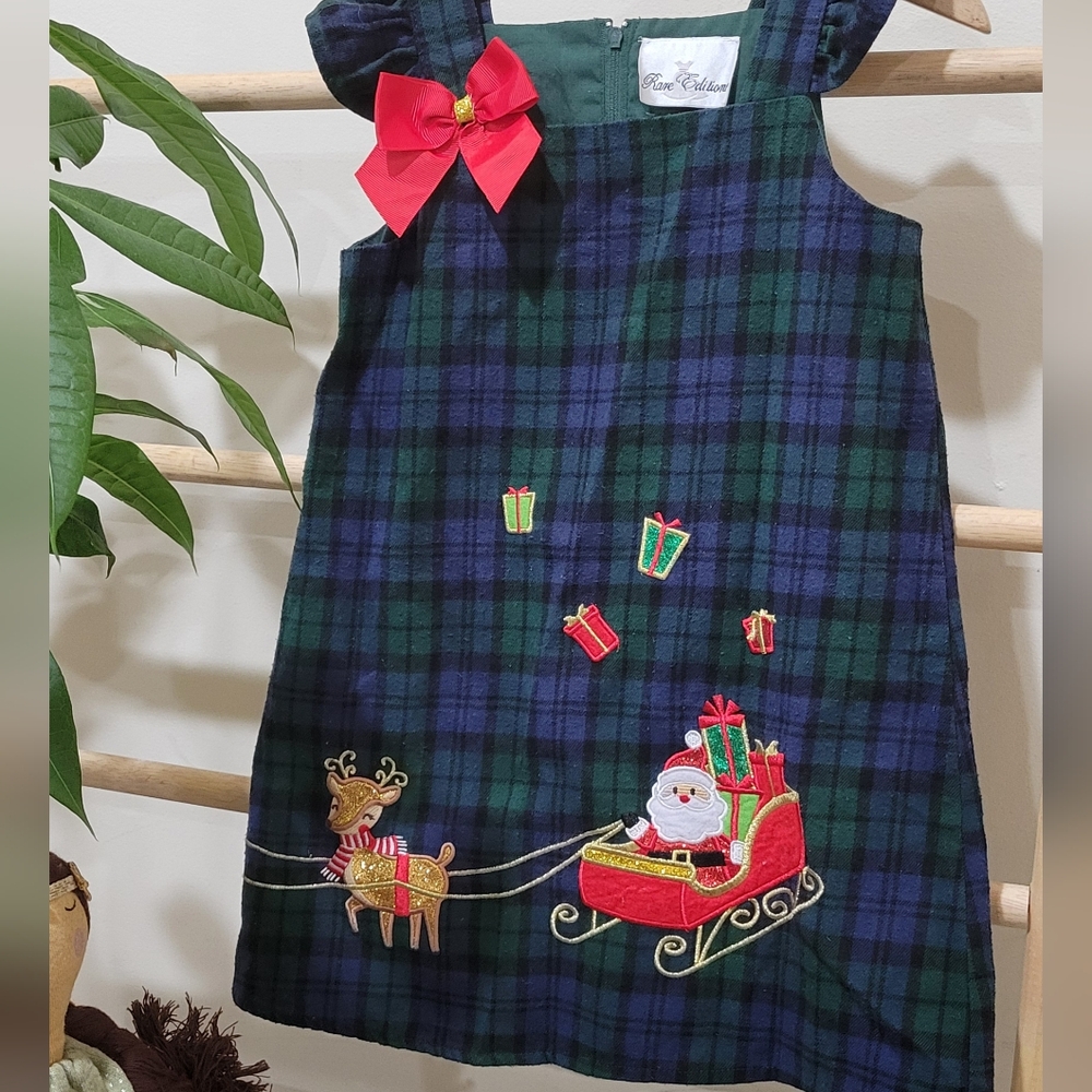Rare Editions Pinafore Christmas Dress with Red Bow